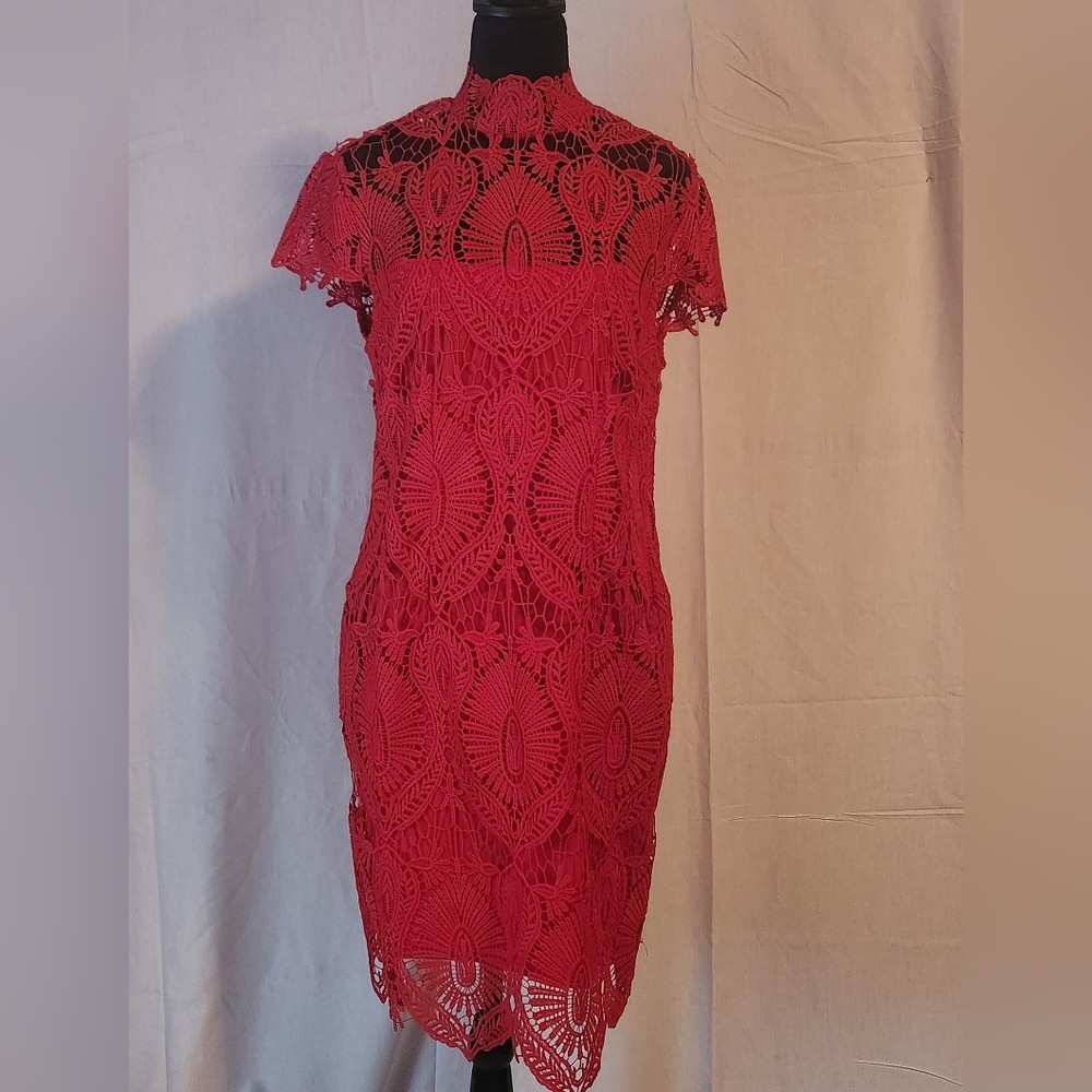 NWOT VENUS Red Lace Cocktail Dress size 12 Sheer with red underlay